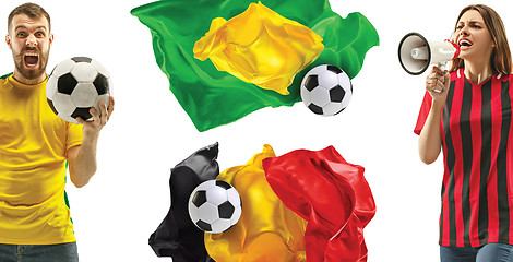 Image showing The collage about emotions of football fans of Brazil and Belgium teems and flags isolated on white background