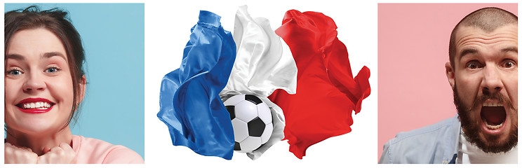 Image showing The collage about emotions of football fans of France teem and flag isolated on white background