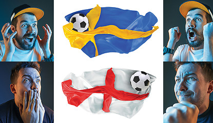 Image showing The collage about emotions of football fans of England and Sweden teems and flags isolated on white background