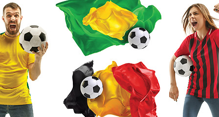 Image showing The collage about emotions of football fans of Brazil and Belgium teems and flags isolated on white background