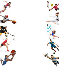 Image showing Sport collage about kickboxing, soccer, american football, basketball, ice hockey, badminton, taekwondo, tennis, rugby