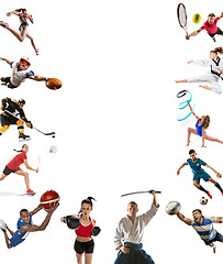 Image showing Sport collage about kickboxing, soccer, american football, basketball, ice hockey, badminton, taekwondo, tennis, rugby