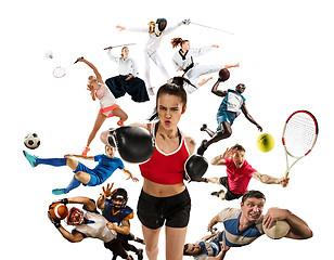Image showing Sport collage about kickboxing, soccer, american football, basketball, badminton, taekwondo, tennis, rugby