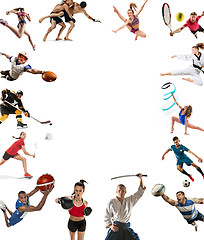 Image showing Sport collage about kickboxing, soccer, american football, basketball, ice hockey, badminton, taekwondo, tennis, rugby