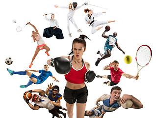 Image showing Sport collage about kickboxing, soccer, american football, basketball, badminton, taekwondo, tennis, rugby