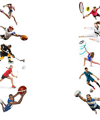 Image showing Sport collage about kickboxing, soccer, american football, basketball, ice hockey, badminton, taekwondo, tennis, rugby