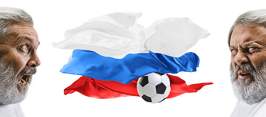 Image showing The collage about emotions of football fans of Russia teem and flag isolated on white background