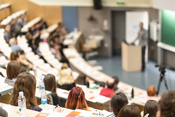 Image showing Expert speaker giving a talk at scientific business conference event.