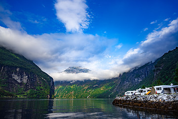 Image showing Geiranger fjord, Norway. Family vacation travel RV, holiday trip