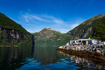 Image showing Geiranger fjord, Norway. Family vacation travel RV, holiday trip