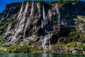 Image showing Geiranger fjord, waterfall Seven Sisters. Beautiful Nature Norwa