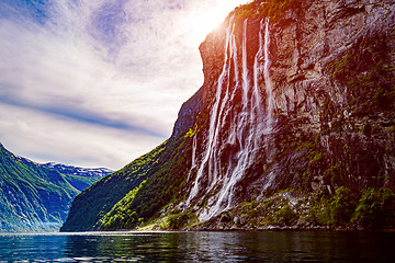 Image showing Geiranger fjord, waterfall Seven Sisters. Beautiful Nature Norwa