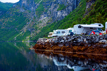 Image showing Geiranger fjord, Norway. Family vacation travel RV, holiday trip