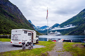 Image showing Geiranger fjord, Norway. Family vacation travel RV, holiday trip