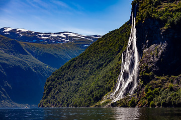 Image showing Geiranger fjord, waterfall Seven Sisters. Beautiful Nature Norwa