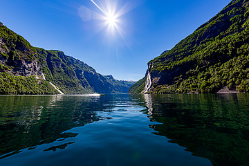 Image showing Geiranger fjord, waterfall Seven Sisters. Beautiful Nature Norwa