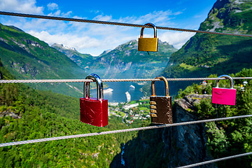 Image showing Geiranger fjord view point Lookout observation deck, Norway.