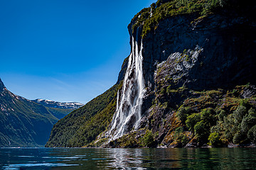 Image showing Geiranger fjord, waterfall Seven Sisters. Beautiful Nature Norwa