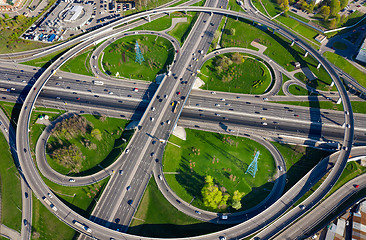 Image showing Aerial view of a freeway intersection traffic trails in Moscow.