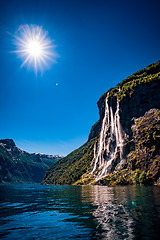 Image showing Geiranger fjord, waterfall Seven Sisters. Beautiful Nature Norwa