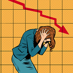 Image showing businesswoman woman panic, bankruptcy financial collapse. sales schedule down