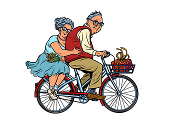 Image showing old man and woman couple in love, riding a bike