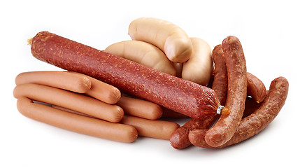 Image showing various sausages on white background