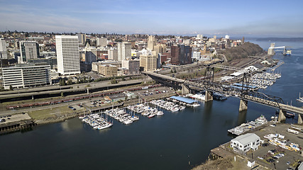 Image showing Aerial View Over Downtown Tacoma Washington Waterfront Commencem