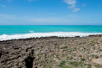 Image showing Beautiful azure sea and the rocky beach