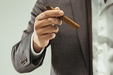 Image showing The barded man in a suit holding cigar