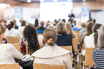 Image showing Business speaker giving a talk at business conference event.