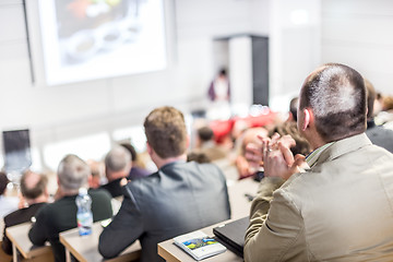 Image showing Business speaker giving a talk at business conference event.