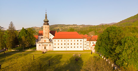 Image showing Aerial view of Cistercian monastery Kostanjevica na Krki, homely appointed as Castle Kostanjevica, Slovenia, Europe