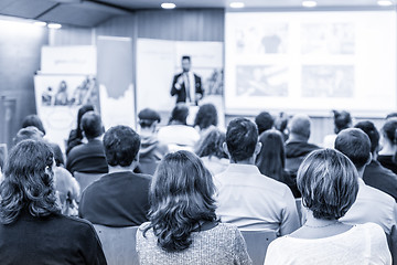 Image showing Business speaker giving a talk at business conference event.