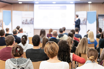 Image showing Business speaker giving a talk in conference hall.