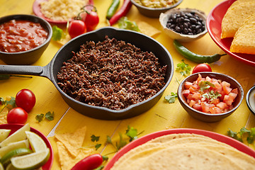 Image showing Various fresh and tasty ingredients for chilli con carne. With meat on iron pan