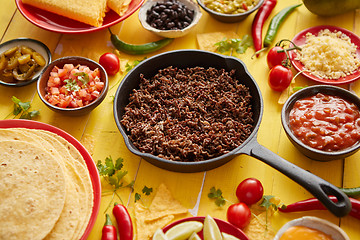 Image showing Various fresh and tasty ingredients for chilli con carne. With meat on iron pan