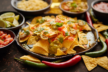 Image showing Fresh yellow corn nacho chips on ceramic plate