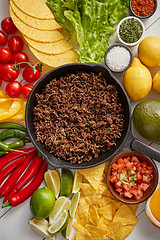 Image showing Ingredients for Chili con carne in frying iron pan on white wooden table