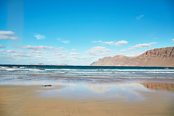 Image showing Landscape with volcanic hills and atlantic ocean in Lanzarote 