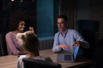 Image showing Multiethnic startup business team in night office