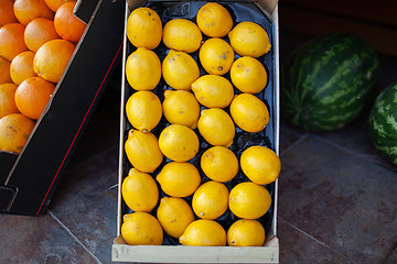 Image showing A closeup of bright lemons in a box