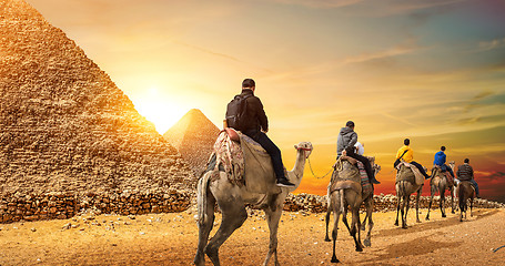 Image showing Camel Caravan and Pyramids