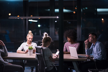 Image showing Multiethnic startup business team in night office