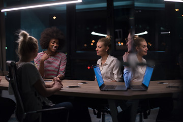 Image showing Multiethnic startup business team in night office