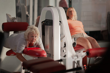 Image showing Two middle aged women working out in a gym