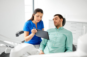 Image showing dentist and patient with tablet pc at clinic