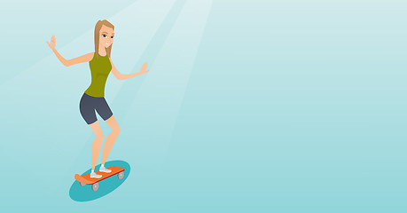 Image showing Young caucasian woman riding skateboard.