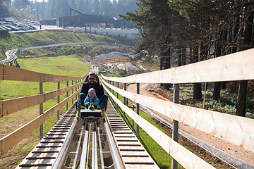 Image showing father and son enjoys driving on alpine coaster