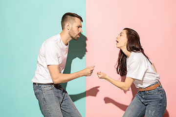 Image showing A couple of young man and woman dancing hip-hop at studio.